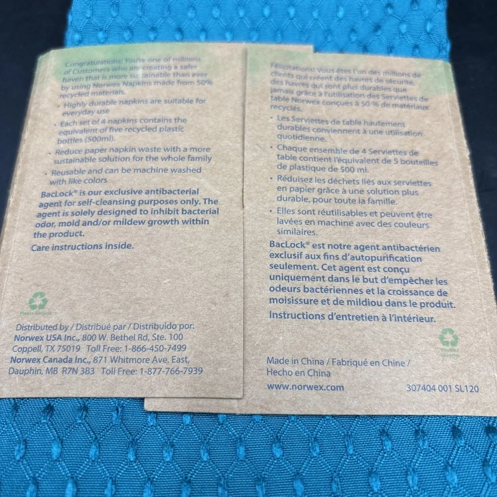 Norwex Napkins with BacLock Teal Turquoise Pack of 4 New in Package 17 X 12.5